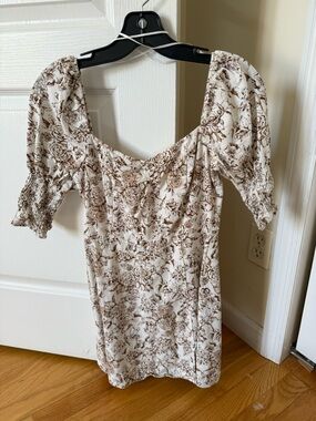 miami Cream and Brown Floral Puff-Sleeve Mini Dress